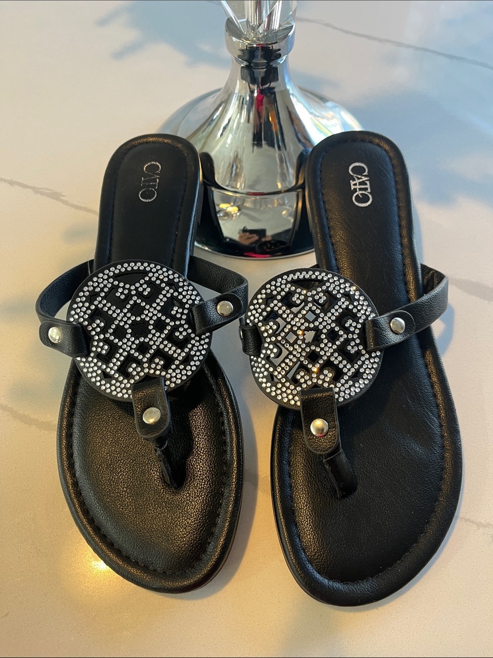 Cato Black Rhinestone-Accent Thong Sandals